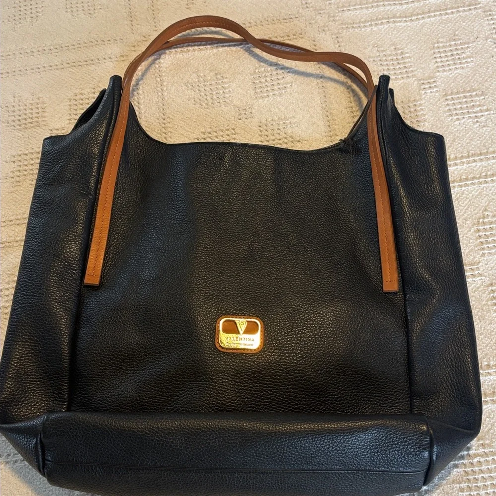 Valentina Black and Tan Pebbled Leather‎ Tote Shoulder Bag